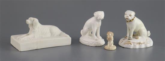 Three Derby porcelain figures of dogs c.1810-1850 and a King St works springer spaniel, c.1870 H. 2.8 - 6.5cm (4)